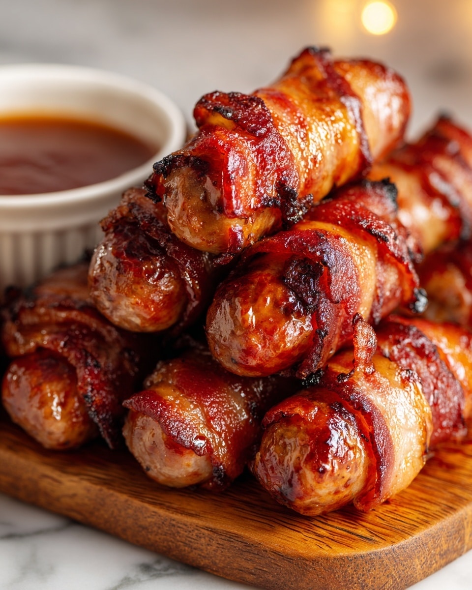 A close-up view of a pile of small sausages wrapped tightly with crispy, shiny bacon that has a golden-brown, bubbly texture on the edges. The sausages and bacon form one combined layer, stacked thickly on a wooden board that contrasts with the white marbled surface underneath. In the background, a small white bowl of reddish-brown sauce is slightly blurred, adding depth to the image. The lighting highlights the glistening, crunchy skin of the bacon, making the dish look rich and inviting. Photo taken with an iphone --ar 4:5 --v 7