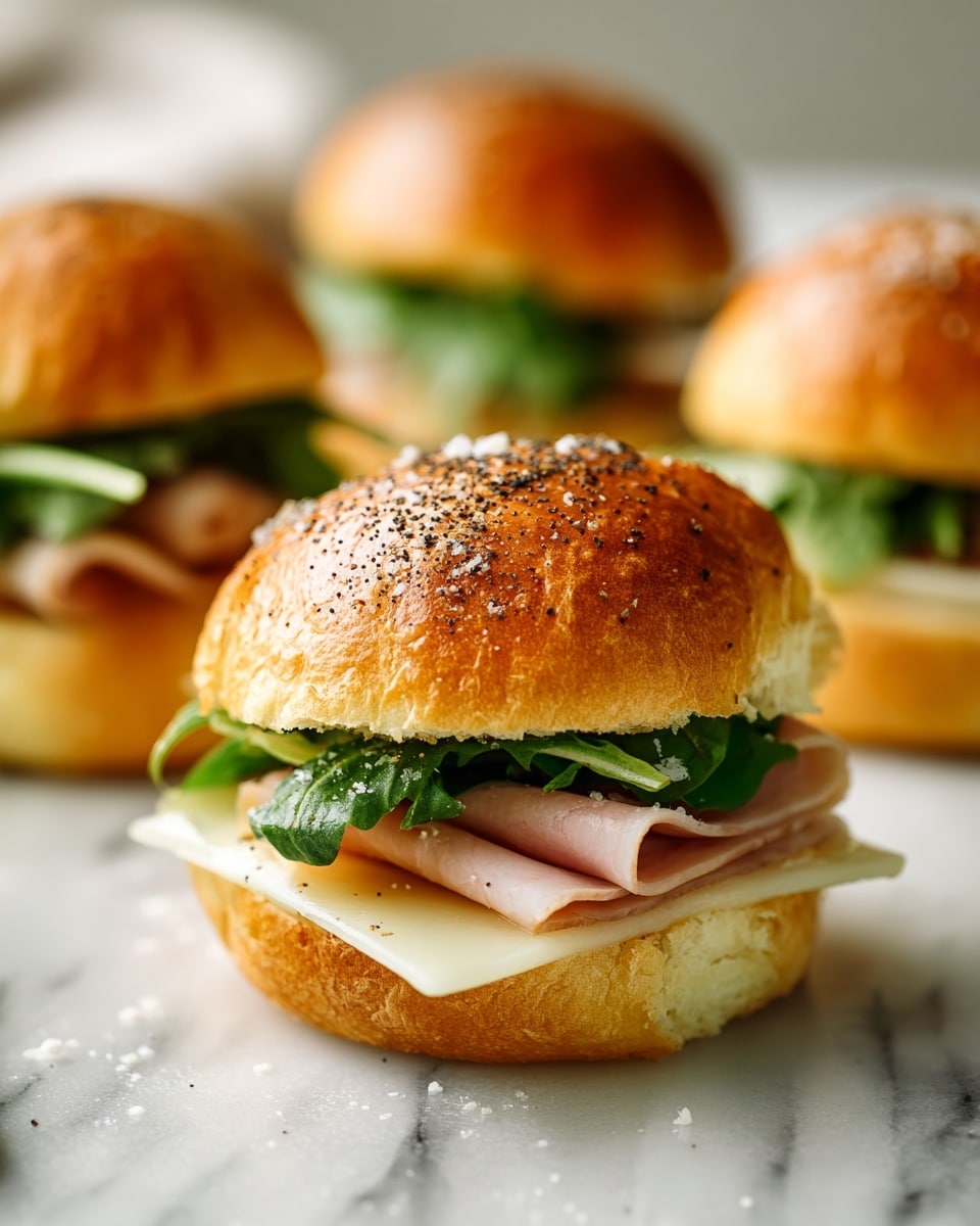 The image shows a soft sandwich slider made with two golden-brown buns that are shiny on top, sprinkled with black pepper and fresh green herbs. Inside the sandwich, there is a layer of thinly sliced pale pink ham and melted white cheese that is slightly oozing out. The sandwich is placed on a white marbled surface with other similar sliders blurred in the background, giving a cozy and fresh look. Photo taken with an iphone --ar 4:5 --v 7