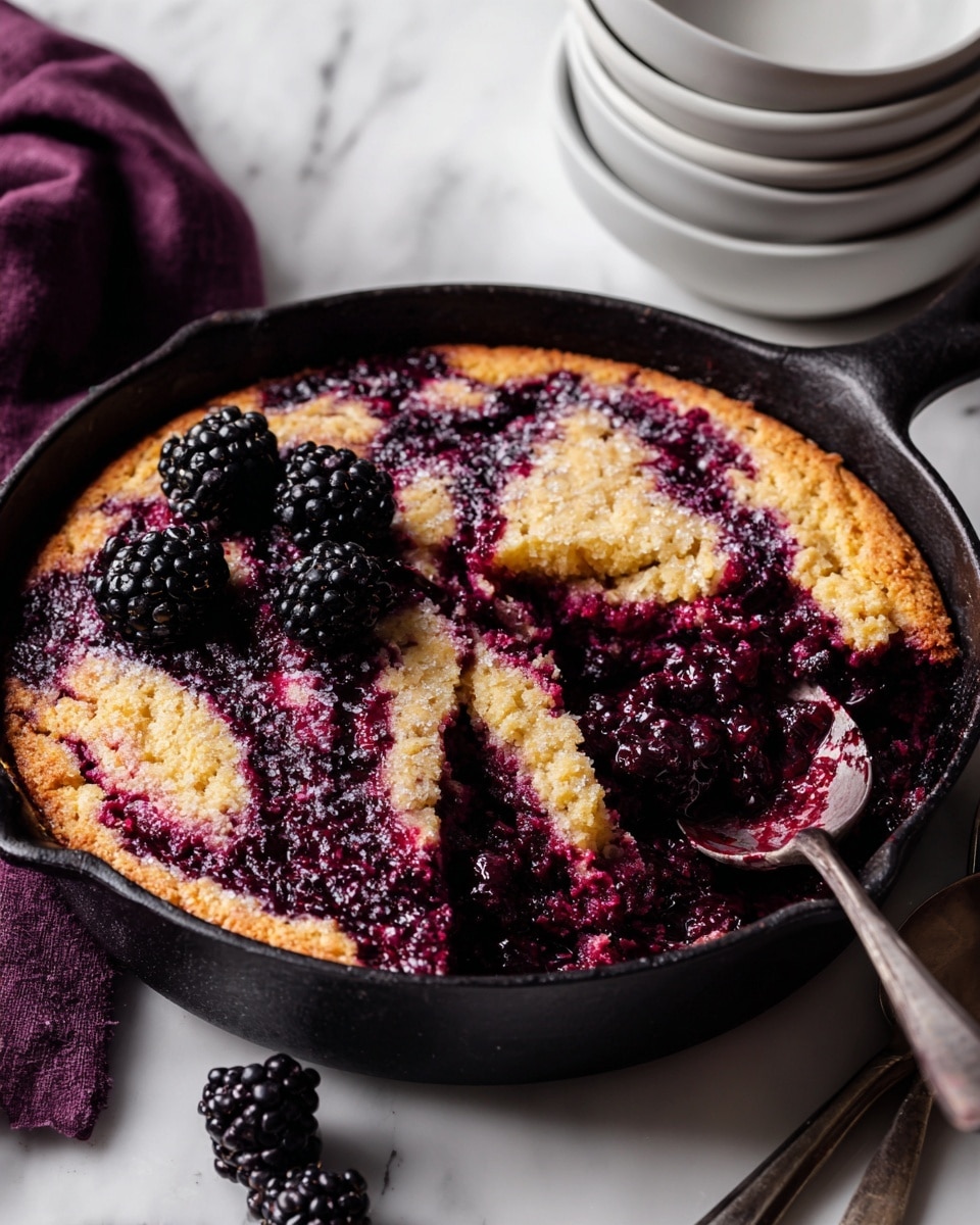 The image shows a close-up view of a baked blackberry cobbler in a black pan. The cobbler has about two main layers: a golden-brown biscuit-like crust that is unevenly spread on top, with a soft and slightly bubbly texture, and a thick, deep purple blackberry filling underneath that looks juicy and somewhat syrupy. Two whole blackberries sit on one side of the pan, adding a fresh touch. In the background, there are white bowls over a white marbled surface with a purple cloth partially visible. Photo taken with an iphone --ar 4:5 --v 7