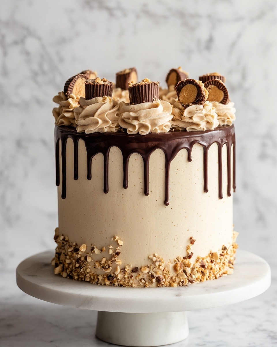 A tall layered cake with smooth light beige frosting covering the outside, topped with dark chocolate ganache dripping down the sides. The top has evenly spaced swirls of light beige frosting, each decorated with a small half peanut butter cup candy. Crushed nuts are sprinkled around the top edge. The cake sits on a white marble cake stand with a wide base, placed on a white marbled surface. Photo taken with an iphone --ar 4:5 --v 7