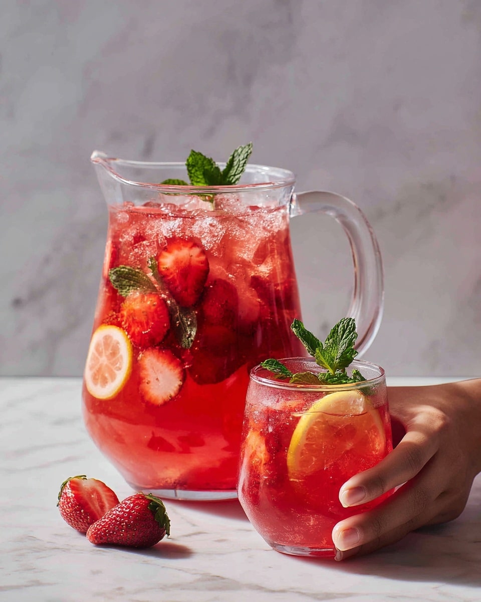 A large clear glass pitcher filled with a red drink, layered with floating slices of lemon, whole strawberries, and fresh green mint leaves. The top layer has ice cubes scattered throughout, creating a sparkling texture on the drink. Beside the pitcher, a matching clear glass contains the same red drink with lemon slices and strawberries visible. The pitcher and glass are set on a white marbled surface. A woman's hand is gently holding the glass. Photo taken with an iphone --ar 4:5 --v 7
