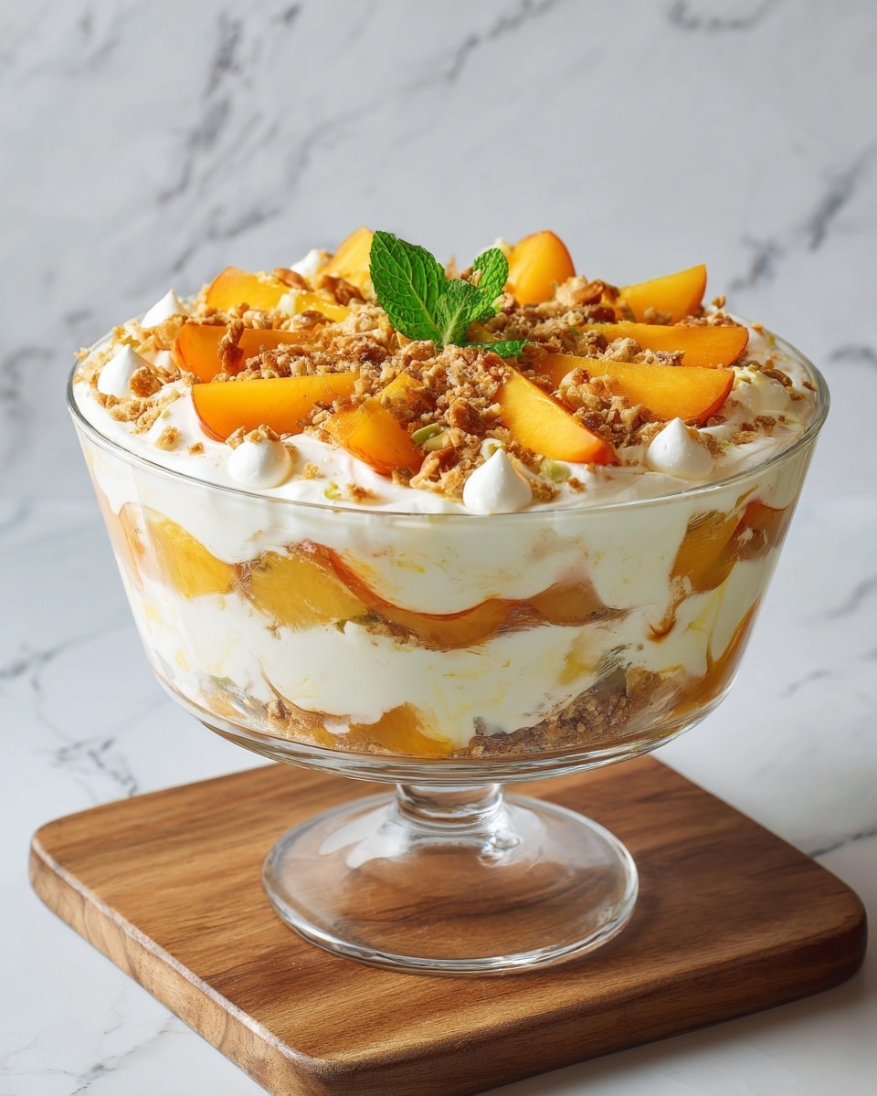 A clear glass bowl shows a layered dessert with four main layers. The bottom layer has small white cream dollops with some peach pieces visible. Above it, there is a thick white cream layer mixed with peach slices, adding light orange and yellow tones. The third layer is more cream with swirls of peach and small crunchy bits that look like granola or nuts. The top layer is decorated with bright orange peach slices, small crunchy pieces, and a green mint leaf in the center. The bowl is placed on a wooden board against a white marbled surface. Photo taken with an iphone --ar 4:5 --v 7