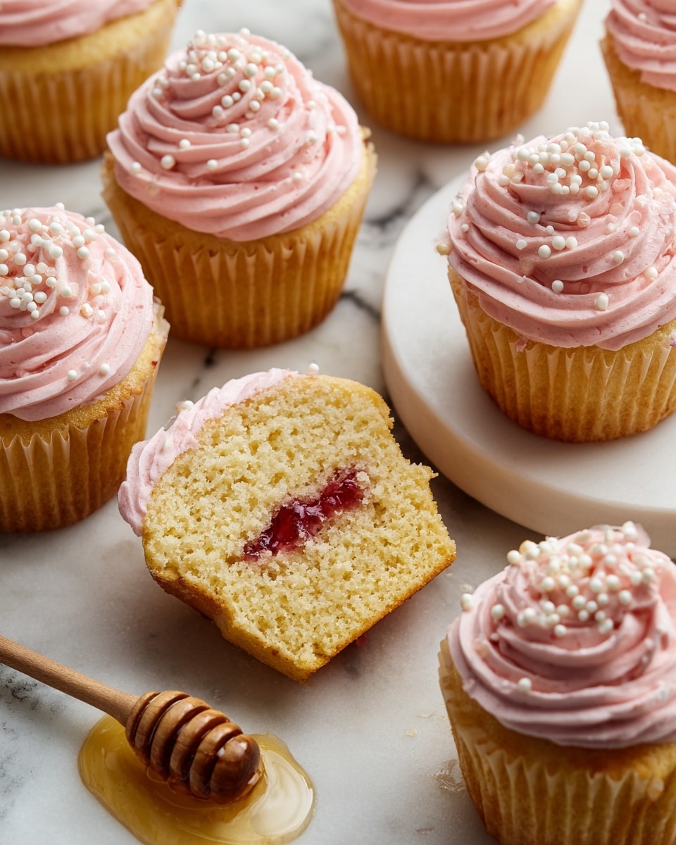 The image shows a close-up of cupcakes with light yellow cake bases. Each cupcake has a swirl of soft pink frosting on top, decorated with small white sugar pearls evenly scattered. One cupcake is cut in half, revealing a red jam filling inside the yellow cake. The cupcakes are placed on a wooden board set on a white marbled surface. A wooden honey dipper is nearby. The texture of the cake looks soft and moist, while the frosting appears smooth and creamy. Photo taken with an iphone --ar 4:5 --v 7