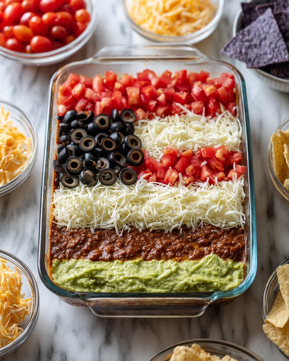 This image shows a clear glass rectangular dish with a seven-layer dip decorated to look like an American flag. The bottom layer is a brownish refried beans base, topped by a smooth green guacamole layer. Above that is a layer of white shredded cheese, then a red tomato layer finely chopped. The top is decorated with alternating strips of shredded white cheese and chopped red tomatoes forming stripes. On the top left corner is a square filled fully with sliced black olives representing the blue area of the flag. The dish is placed on a white marbled surface with small clear bowls of shredded cheese, diced tomatoes, and guacamole around it, and a bowl of blue corn chips partially visible in the background. Photo taken with an iphone --ar 4:5 --v 7