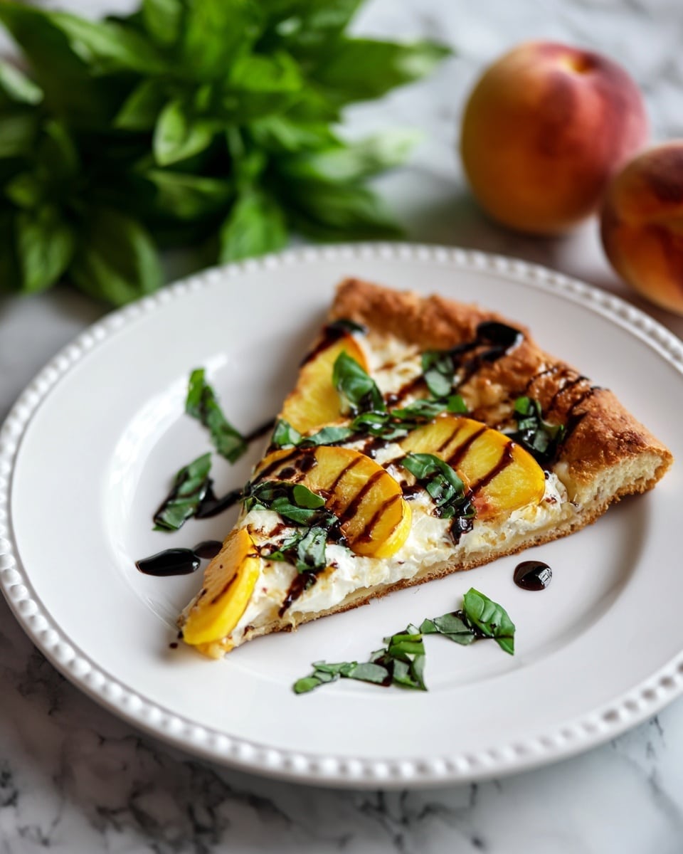 A single slice of pizza sits on a white plate with simple raised dots along the edge, placed on a white marbled surface. The pizza slice has a golden-brown thin crust with a slightly thicker and crisp edge on the right side. The base layer is a lightly toasted dough, topped with melted white ricotta cheese that has a soft and creamy texture. Large slices of yellow peach are spread evenly across the cheese, adding a juicy and soft layer. Dark green basil leaves are scattered on top, and the entire slice is drizzled with a glossy, dark brown balsamic glaze, creating a contrast between the creamy cheese and the shiny sauce. The photo taken with an iphone --ar 4:5 --v 7