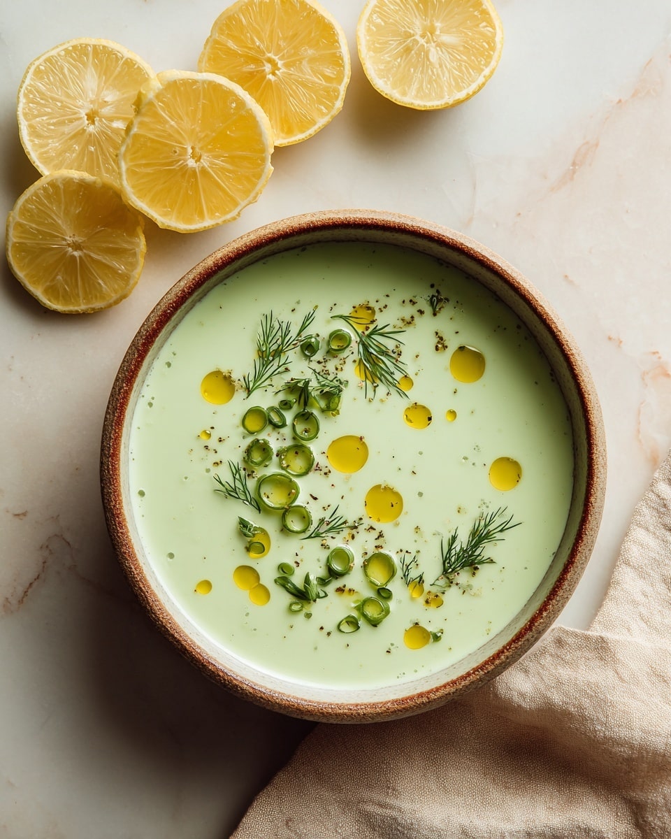 A shallow bowl holds a smooth, light green creamy soup as the first layer. On top, there are small dark green slices of chopped green onion and sprigs of fresh dill scattered evenly, giving a fresh contrast. The soup surface is dotted with small golden yellow drops of olive oil that shimmer slightly, adding a rich texture and color contrast on the pale green base. The bowl sits on a white marbled surface with a soft beige cloth nearby and sliced lemons around, adding bright yellow pops in the corner. Photo taken with an iphone --ar 4:5 --v 7