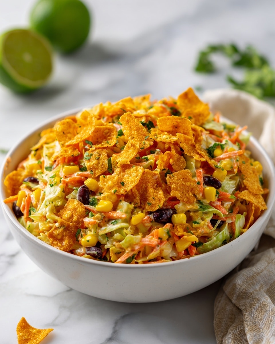 A white bowl filled with a colorful layered salad sitting on a white marbled surface. The bottom layer consists of small pieces of shredded white cabbage mixed with finely chopped orange carrots and tiny green pepper bits. The next layer has bright yellow corn kernels and scattered black beans adding contrast. The top layer features broken orange corn chips that look crunchy and seasoned. The whole salad appears creamy, coated lightly with dressing, giving it a moist texture with flecks of green herbs. A halved lime is blurred in the background to the left. Photo taken with an iphone --ar 4:5 --v 7
