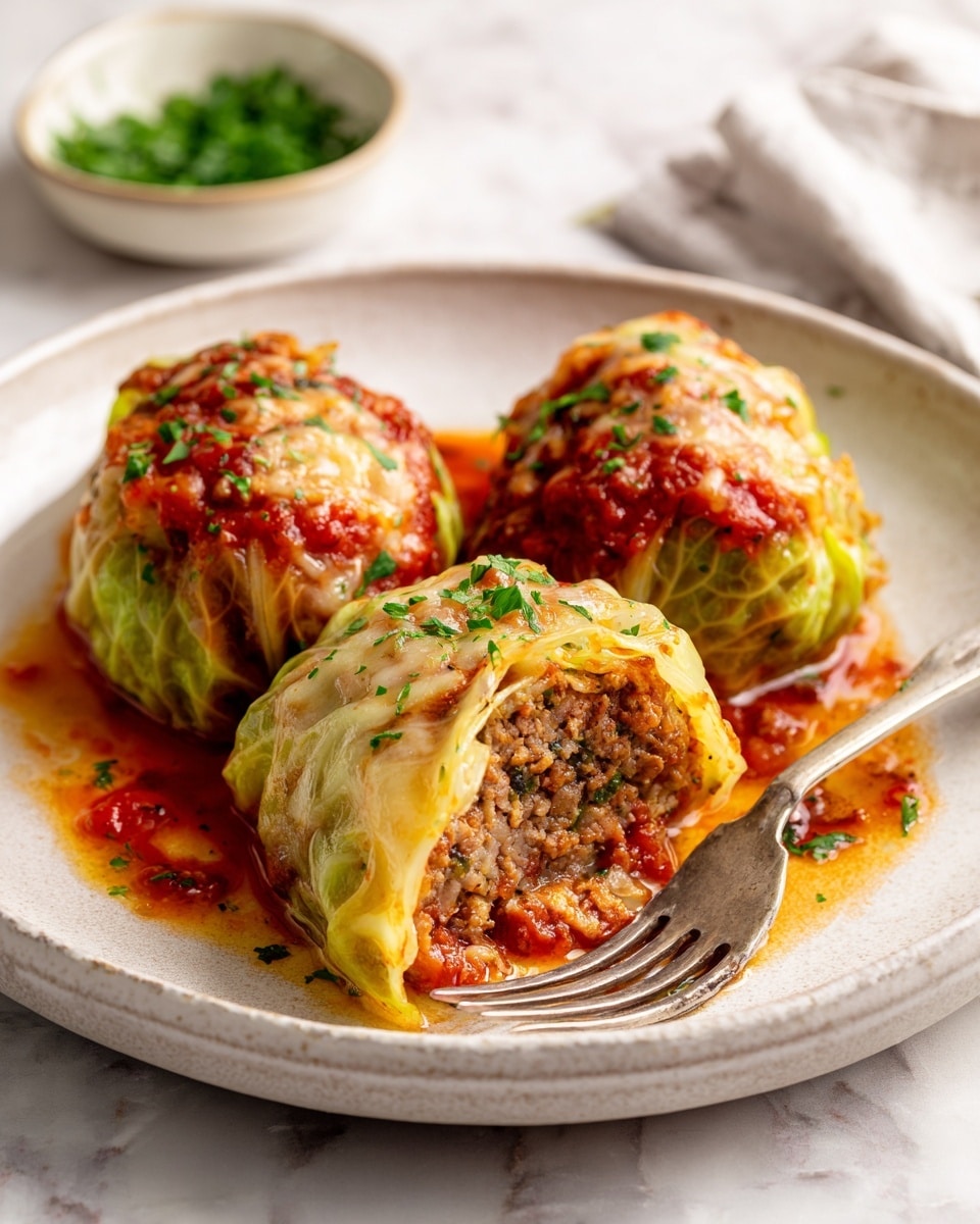 The image shows three round stuffed cabbage rolls on a white plate with a slightly raised edge. Each roll has a base layer of wilted green cabbage leaves forming a cup shape. Inside, there are thick layers of brownish ground meat mixed with some red tomato sauce. On top, there is a bubbly golden-brown melted cheese layer sprinkled with small chopped green herbs. A silver fork rests on the right side of the plate, touching one roll. The plate sits on a white marbled surface, and a small white bowl with chopped green herbs is in the background. The presentation looks rich and colorful, with the cabbage leaves and cheese providing texture contrast. photo taken with an iphone --ar 4:5 --v 7