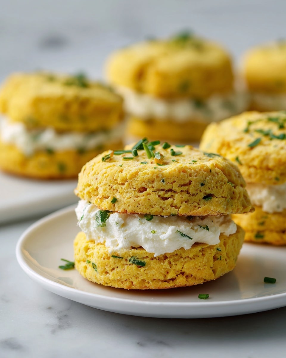 The image shows a close-up of a small sandwich-like snack with two rough-textured, yellow, biscuit-like layers that have small green chive pieces mixed in. Between these two thick layers is a white creamy filling with a soft, fluffy texture, slightly oozing out along the edges. In the background, several more of these snacks are placed on a white plate, all resting on a white marbled surface. photo taken with an iphone --ar 4:5 --v 7