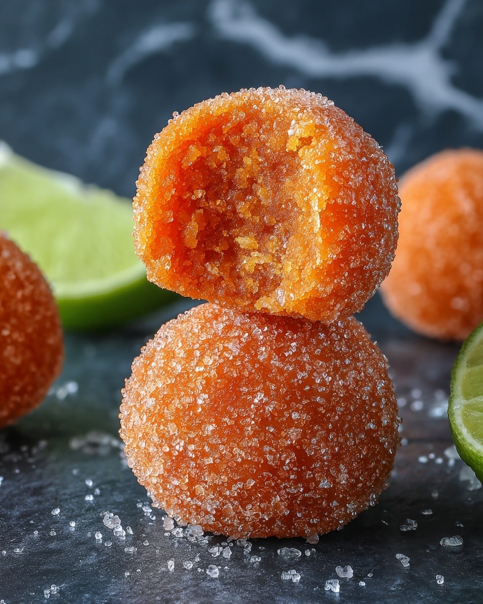 The image shows two bright orange sugar-coated round treats stacked on top of each other on a dark surface, with the top one broken open to reveal a crumbly, smooth inner texture. The sugar crystals on the outer layer create a sparkly effect, and the treats have a soft, slightly rough appearance. Surrounding them are more of the same orange treats and a small wedge of lime that is light green with a juicy texture. The background is a white marbled texture. photo taken with an iphone --ar 4:5 --v 7