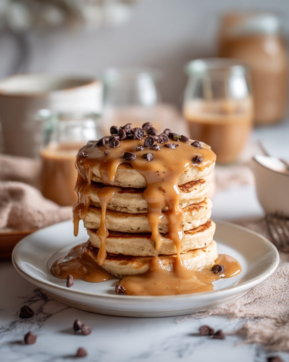 A stack of four thick, fluffy pancakes sits on a white plate, each pancake light brown with a soft texture. The pancakes are covered with a creamy, smooth caramel-colored sauce that drips down the sides, pooling slightly at the base. On top, small dark chocolate chips are scattered, adding contrast to the light sauce. In the background, a blurred view shows more stacks of pancakes and some glass containers on a white marbled surface. The scene has warm lighting and a cozy feel. photo taken with an iphone --ar 4:5 --v 7
