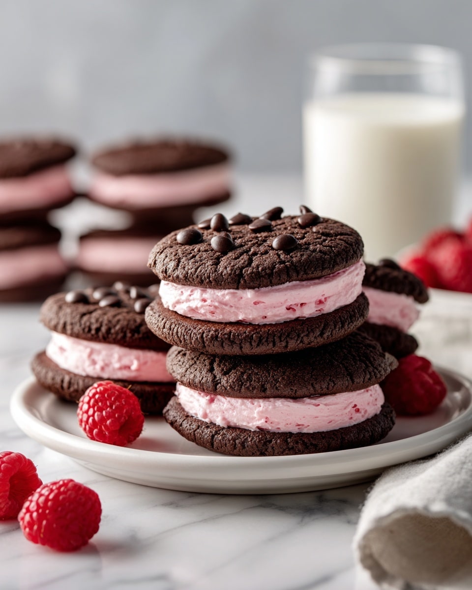 The image shows a white plate stacked with chocolate sandwich cookies, each cookie having two dark brown, slightly cracked chocolate layers with a smooth, thick pink cream filling in between. The top chocolate layers are decorated with a few chocolate chips, which add texture and shine. The white plate is set on a white marbled surface with two fresh raspberries nearby. A clear glass filled with milk is visible in the soft-focus background, along with a light gray cloth that adds a cozy touch. The light is soft and natural, highlighting the rich colors and textures of the cookies and cream. photo taken with an iphone --ar 4:5 --v 7