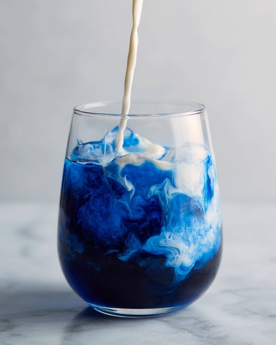 In a clear glass filled with ice, the bottom layer is a deep blue liquid that is rich and smooth in appearance, occupying about two-thirds of the glass. Above this, a white liquid is being poured, creating a swirling effect as it mixes with the blue, forming soft cloud-like patterns near the top layer. The top layer appears creamy and foamy where the white liquid rests lightly on the ice, contrasting sharply with the dark blue below. The glass sits on a surface with a white marbled texture, and the lighting highlights the vivid color contrast and the fluid motion inside the glass. photo taken with an iphone --ar 4:5 --v 7