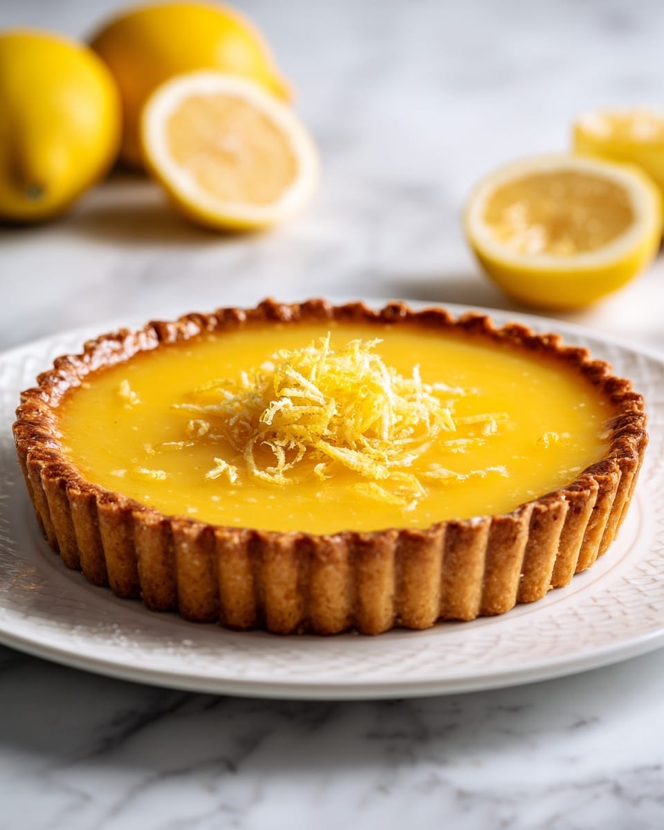 A lemon tart with a golden brown crust that is thick and crimped around the edges, filled with a smooth, shiny, bright yellow lemon filling, topped in the center with a small pile of finely shredded lemon zest. It is placed on a white plate with a subtle pattern around the edge, set against a white marbled surface with some cut lemons blurred in the background. Photo taken with an iphone --ar 4:5 --v 7