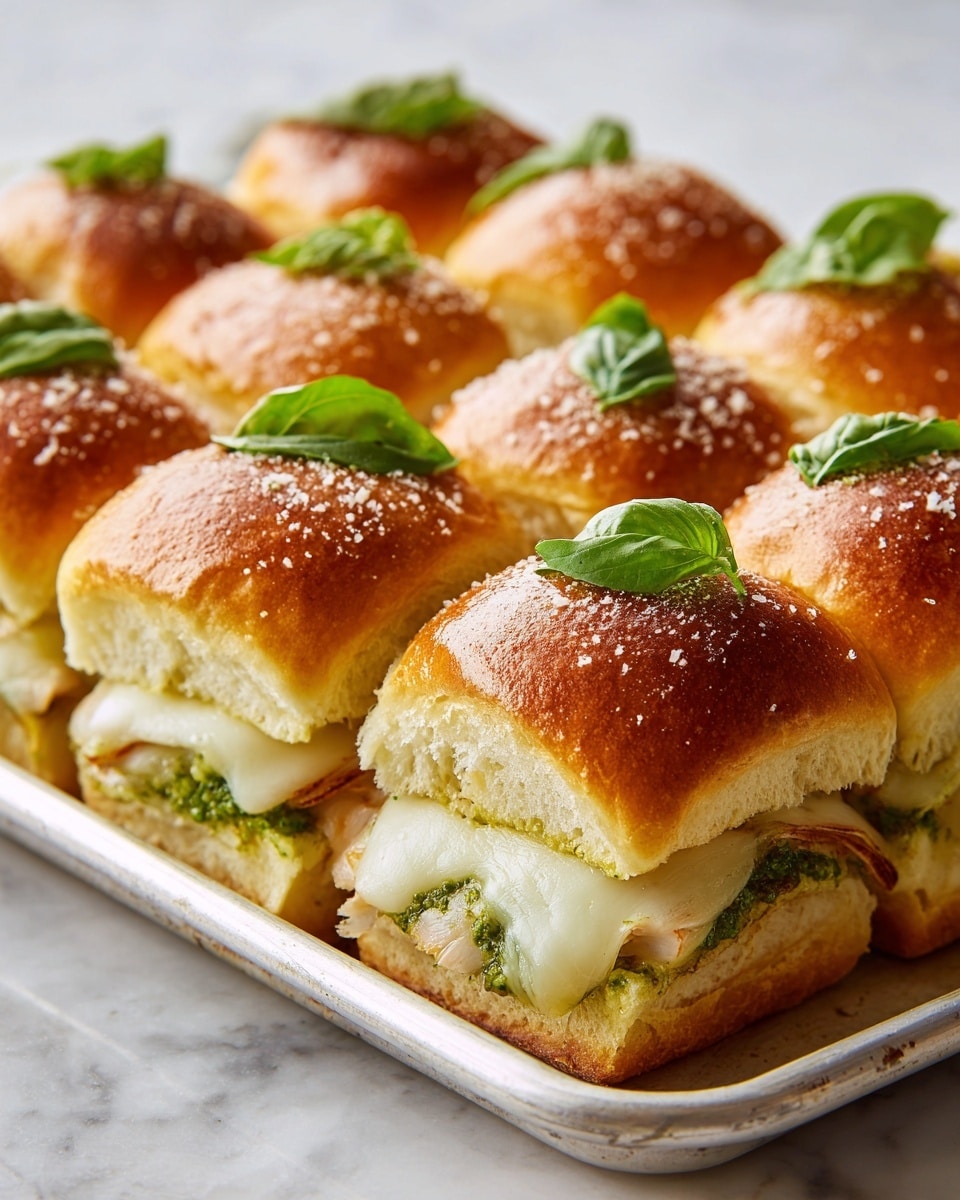 The image shows a tray of sliders made with soft golden brown buns, each topped with a small green basil leaf and a sprinkle of coarse salt. Inside each slider, there are three visible layers: a light green pesto spread on both the top and bottom bun, white melted cheese that looks creamy and stretchy, and pieces of grilled chicken breast with light charring. The buns have a fluffy, pillowy texture, and the sliders are closely packed on a white tray placed on a white marbled surface. Photo taken with an iphone --ar 4:5 --v 7