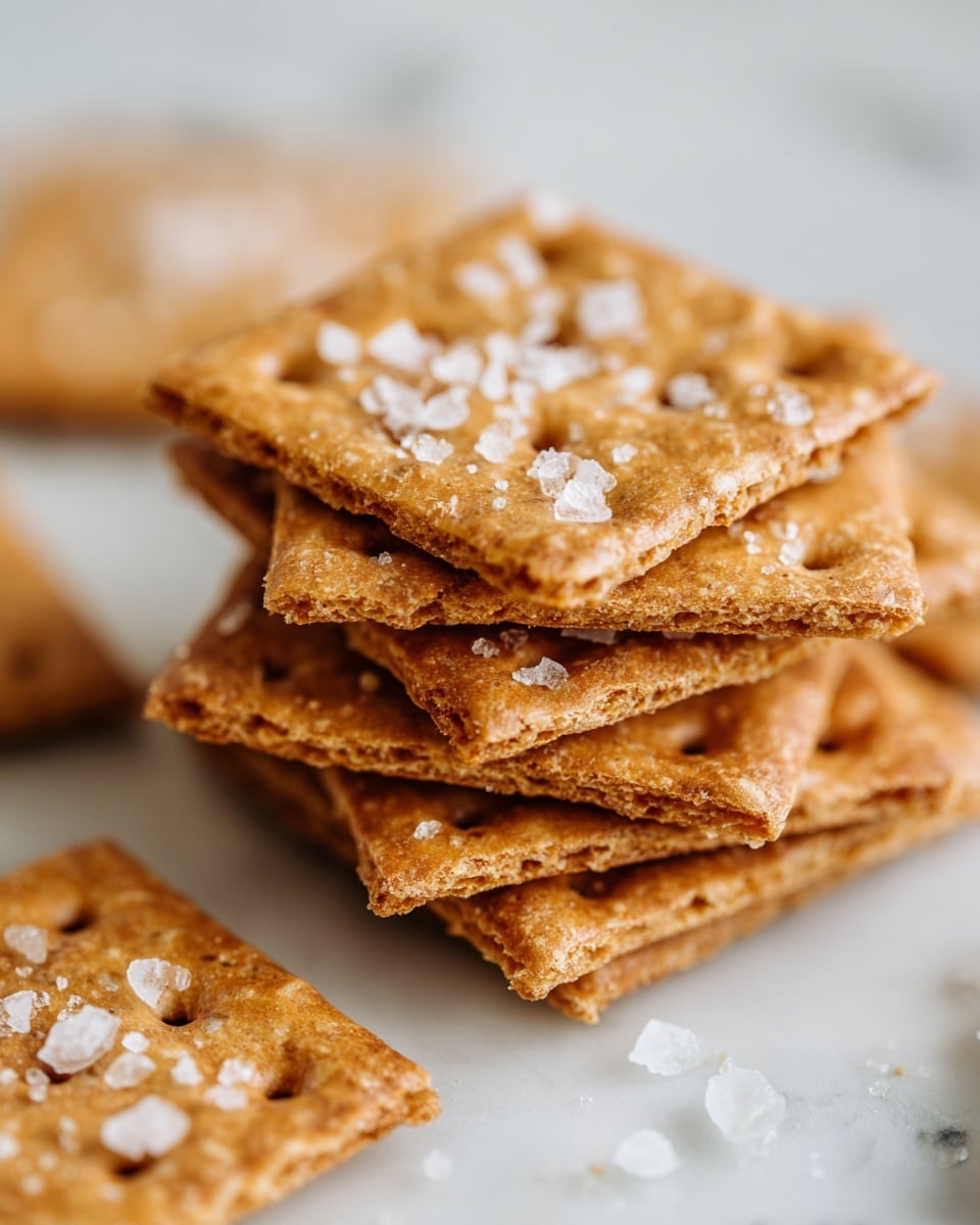 A close-up image of a stack of square crackers with a golden-brown color and a slightly rough, crispy texture. The crackers have small holes evenly spread across their surface and large grains of coarse salt sprinkled on top, adding a sparkling white contrast. The stack is placed on a white marbled surface, and the focus is sharp on the top crackers while the background is softly blurred. Photo taken with an iphone --ar 4:5 --v 7