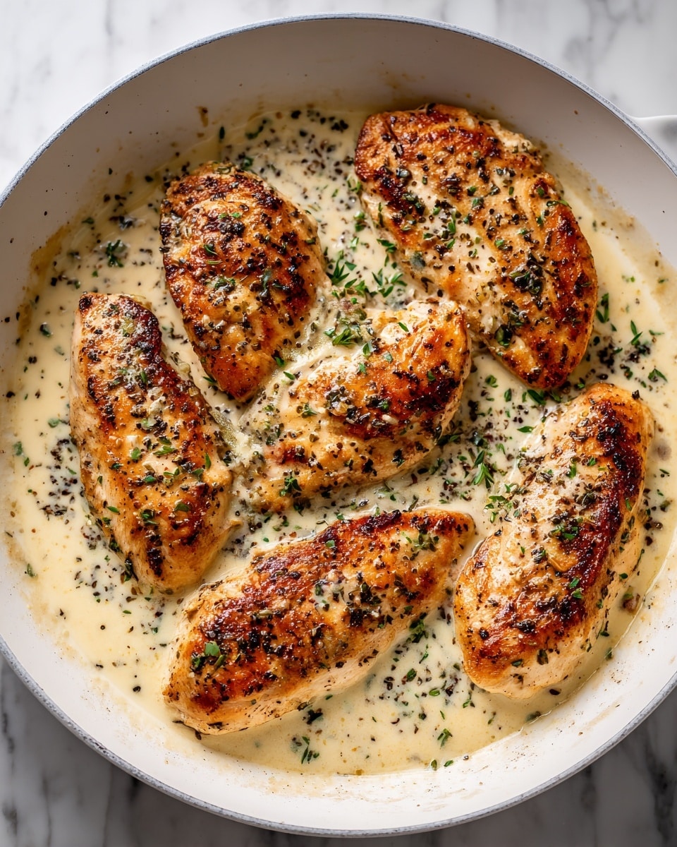 The image shows a white pan on a white marbled surface filled with four golden brown, pan-seared chicken breasts. The chicken pieces have a crispy, slightly charred texture on top and are partly covered in a creamy, pale yellow sauce sprinkled with black pepper and herbs. The sauce looks smooth and thick, filling the bottom of the pan around the chicken. photo taken with an iphone --ar 4:5 --v 7