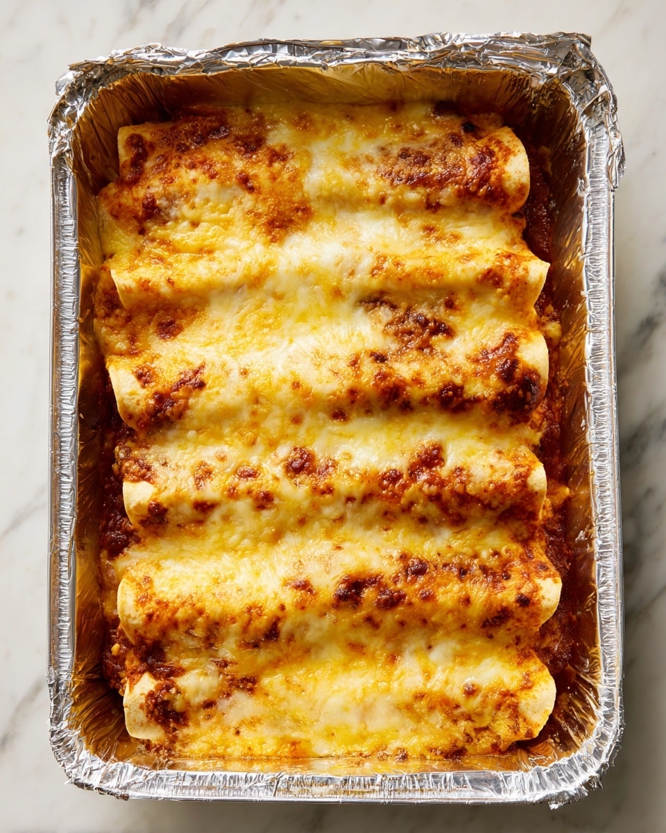 The image shows a close-up of a tray filled with six evenly arranged rolled tortillas covered with melted cheese. Each tortilla is covered with a red sauce that peeks through the bubbling, golden-brown melted cheese on top. The texture of the cheese layer is slightly crispy and bubbly, indicating it has just been baked. The tray is metallic and placed on a white marbled surface, giving a clean and bright look to the scene. Photo taken with an iphone --ar 4:5 --v 7