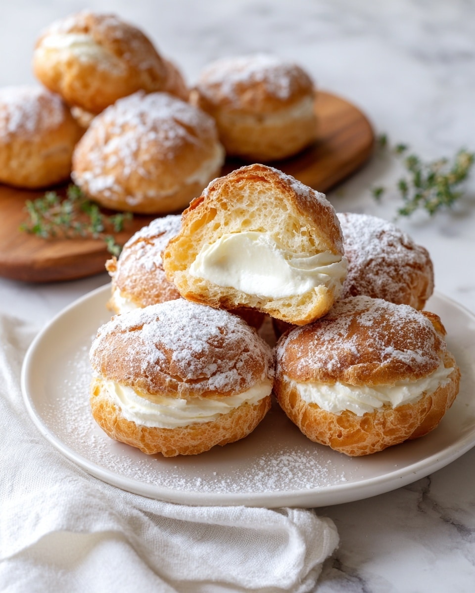 A white plate holds seven round pastries arranged in a small pile, each with a golden-brown, slightly puffed outer layer dusted with a light flour coating. The center of each pastry is filled with a creamy, smooth white filling, contrasting with the crispy edges. The pastries have a rustic texture, with some cracks and flaky details visible on the surface. Under the plate, there is a white cloth, and the background is a white marbled texture. Photo taken with an iphone --ar 4:5 --v 7