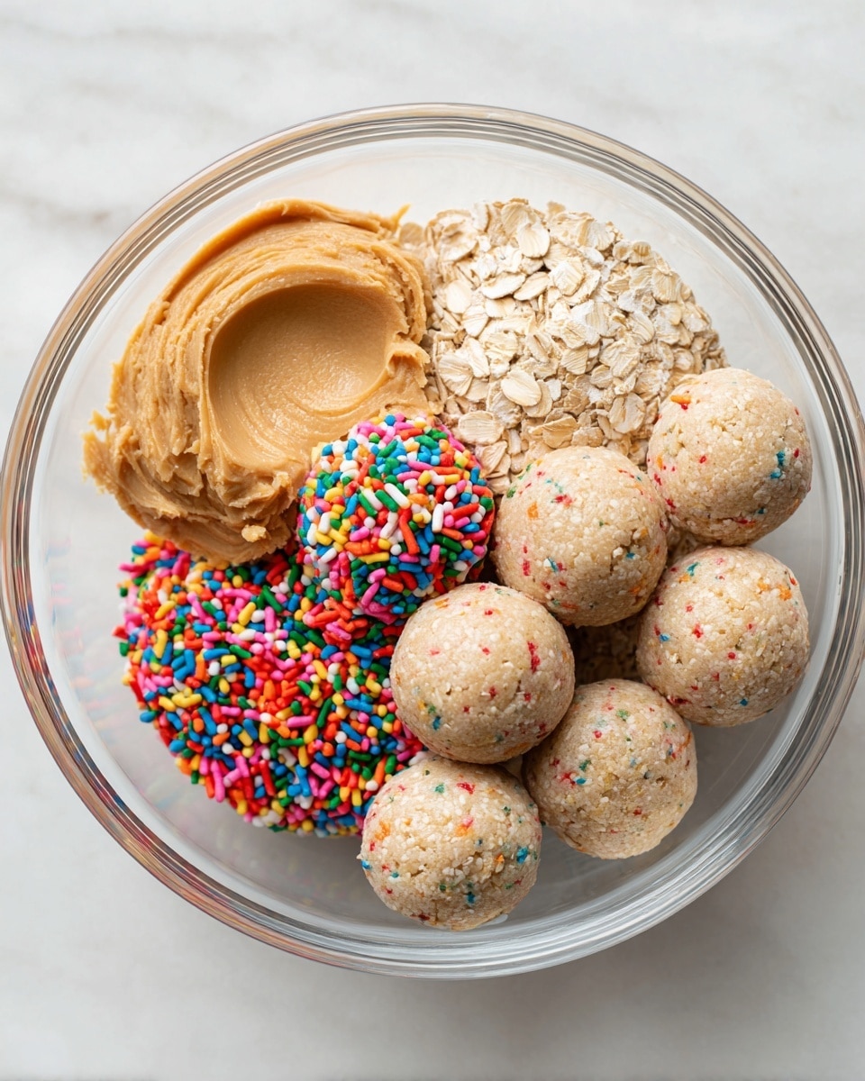 A clear glass bowl on a white marbled surface holds three distinct layers of ingredients side by side: smooth, light brown peanut butter with a creamy texture on the left, pale yellow rolled oats with a dry, rough texture on the top right, and bright, multicolored sprinkles in shades of pink, blue, green, yellow, and orange with a small, cylindrical shape on the bottom right. Below, a white bowl is filled with round, light brown protein balls that have a smooth surface speckled with tiny colorful bits matching the sprinkles above. photo taken with an iphone --ar 4:5 --v 7