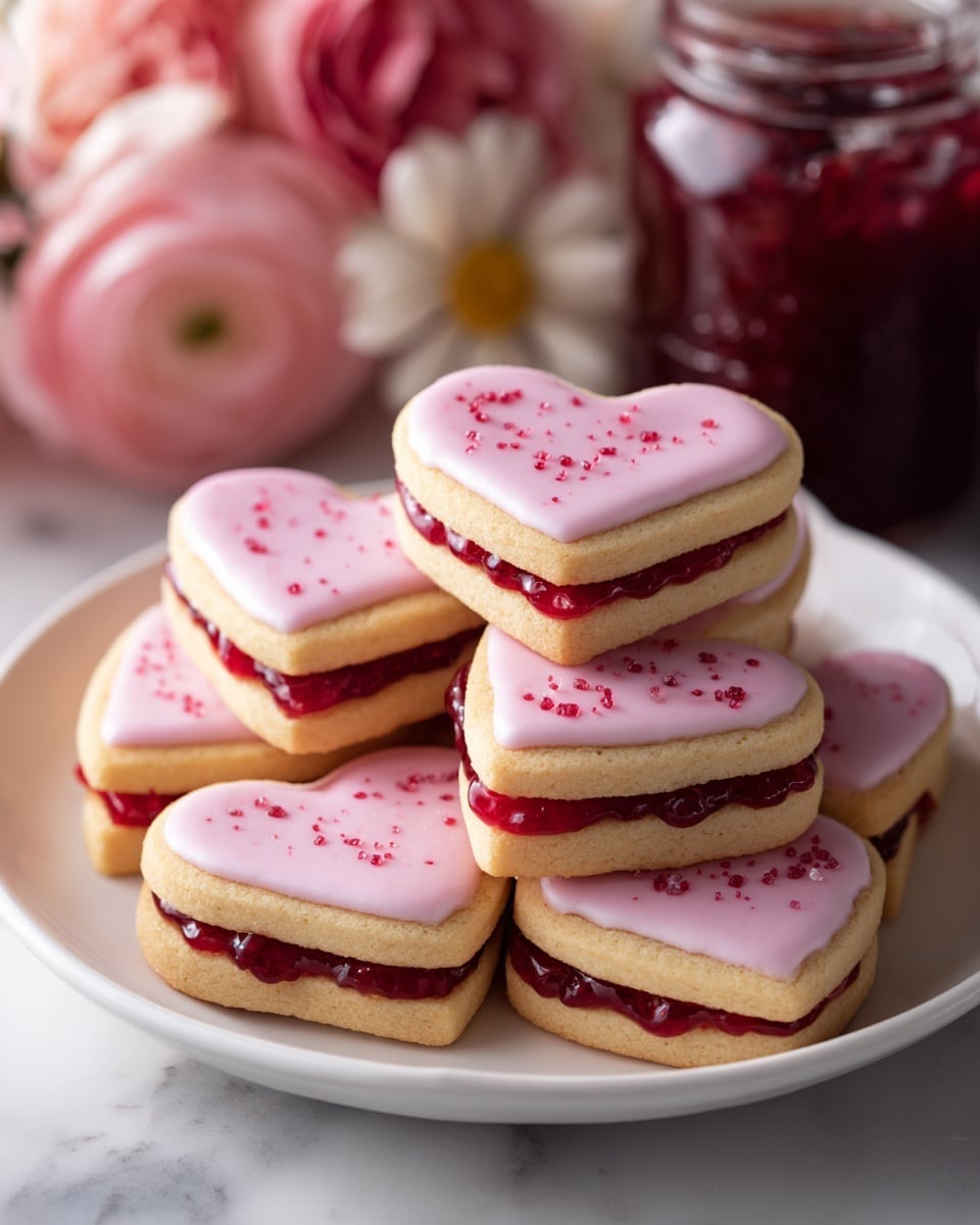 The image shows a white plate full of heart-shaped sandwich cookies stacked softly, each cookie made of two light brown layers. The bottom and top layers are golden-baked cookie dough, while a thick red jam layer fills the center, slightly oozing at the edges. The top cookie layer is covered in a smooth, pale pink icing with tiny red specks spread evenly across its surface. The plate rests on a soft beige cloth, placed on a white marbled textured surface. A jar of deep red jam and a few light pink roses and petals surround the plate, adding a gentle and sweet touch to the scene. photo taken with an iphone --ar 4:5 --v 7