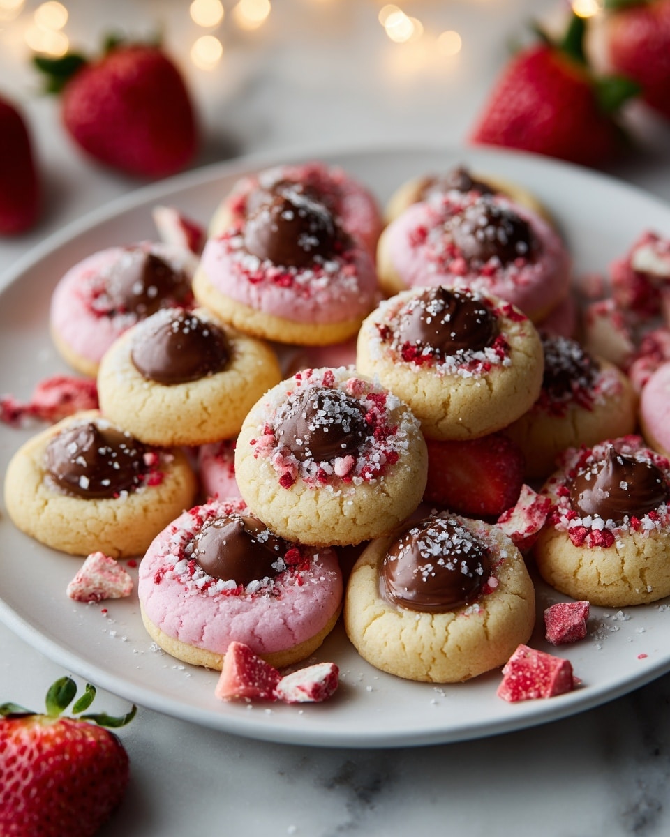 A white plate holds many small, round cookies with two layers: a bottom layer of golden cookie and a top layer of soft pink cookie embedded with small red pieces. Each cookie has a smooth, shiny dollop of milk chocolate in the center, some sprinkled with powdered sugar. Scattered around the plate are small chunks of red pieces and whole and halved fresh strawberries with green tops. The scene is set on a white marbled texture with warm, soft lights blurred in the background. photo taken with an iphone --ar 4:5 --v 7