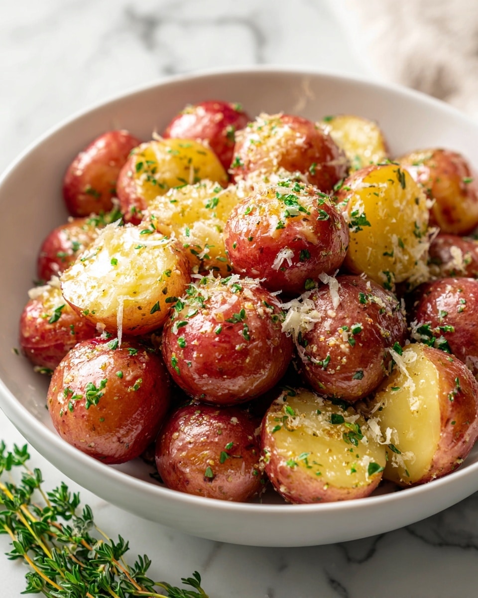 A close-up of a bowl filled with small cooked red potatoes covered in melted butter and sprinkled with grated cheese and finely chopped green herbs. The potatoes are shiny and soft, showing some golden-brown spots, layered tightly in the white bowl. On top, there are small green sprigs of thyme, adding freshness and contrast. The bowl is placed on a white marbled surface. Photo taken with an iphone --ar 4:5 --v 7