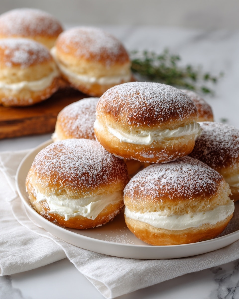 A white plate holds six round pastries with golden-brown crusts dusted lightly with powdered sugar. Each pastry has a thick outer ring of flaky, puffed dough with a slightly rough texture and a soft, creamy white filling in the center, slightly uneven and smooth. The plate sits on a white marbled surface with a folded white cloth partially underneath it. In the background, a wooden board holds more pastries out of focus with a few small green herb sprigs. Photo taken with an iphone --ar 4:5 --v 7