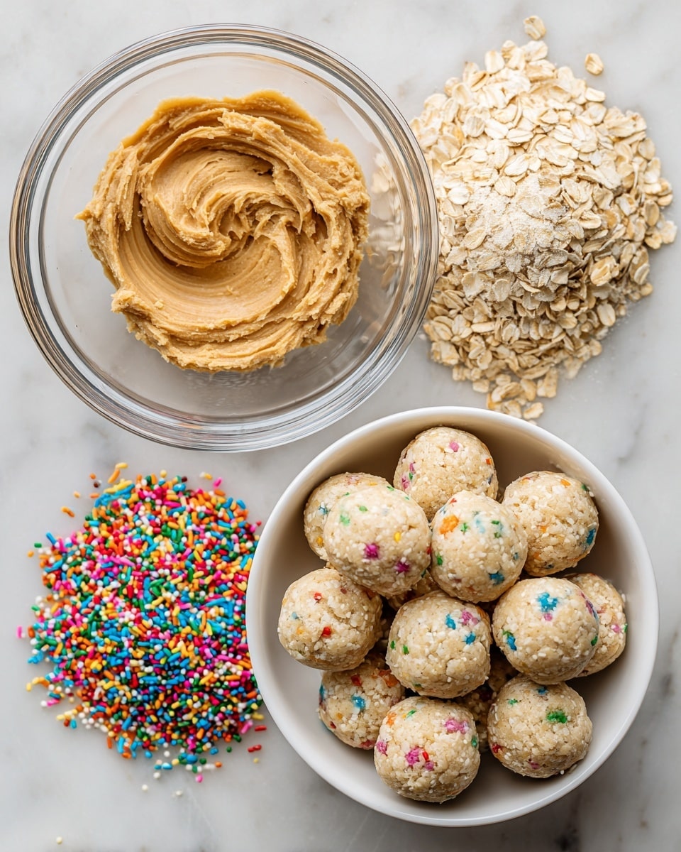 A clear glass bowl shows three main layers for making no bake cake batter protein balls. The first layer is smooth and creamy light brown peanut butter on the left side. The top right has dry, light beige rolled oats with a rough texture. Below the oats, there is a pile of colorful sprinkles in bright shades like red, green, blue, yellow, and pink with a small round shape. Below that, a white bowl is filled with many round, light beige protein balls, each with tiny colorful specks of sprinkles embedded inside. The surface beneath everything is a white marbled texture. photo taken with an iphone --ar 4:5 --v 7