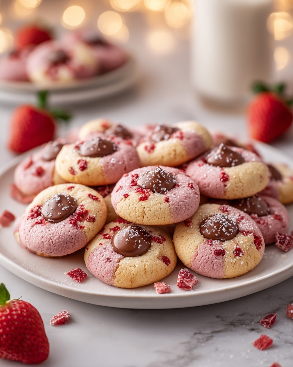 The image shows a white plate with two layers of cookies, the bottom layer is a light beige color and smooth, while the thinner pink top layer is cracked with pieces of bright red strawberry embedded, each topped with a shiny milk chocolate kiss in the center. A few cookies are dusted with powdered sugar. Around the plate are whole and halved fresh strawberries along with small red candy pieces scattered on a white marbled surface. The cookies look soft with a mix of smooth and rough textures, and the background has warm, blurred lights. Photo taken with an iphone --ar 4:5 --v 7